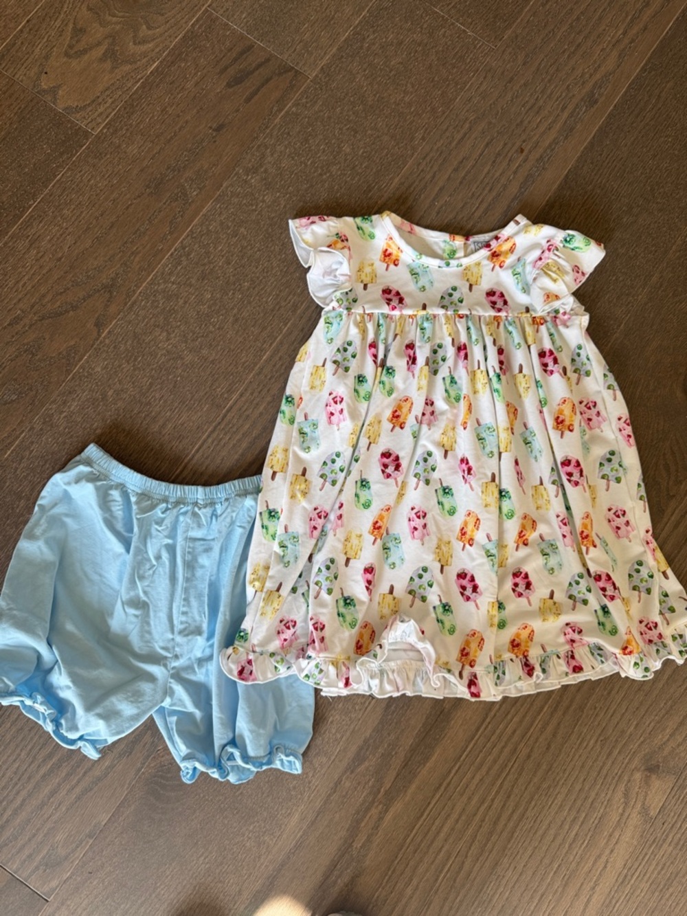 Girls White Popsicle Print Dress & Light Blue Bloomers Matching Set
